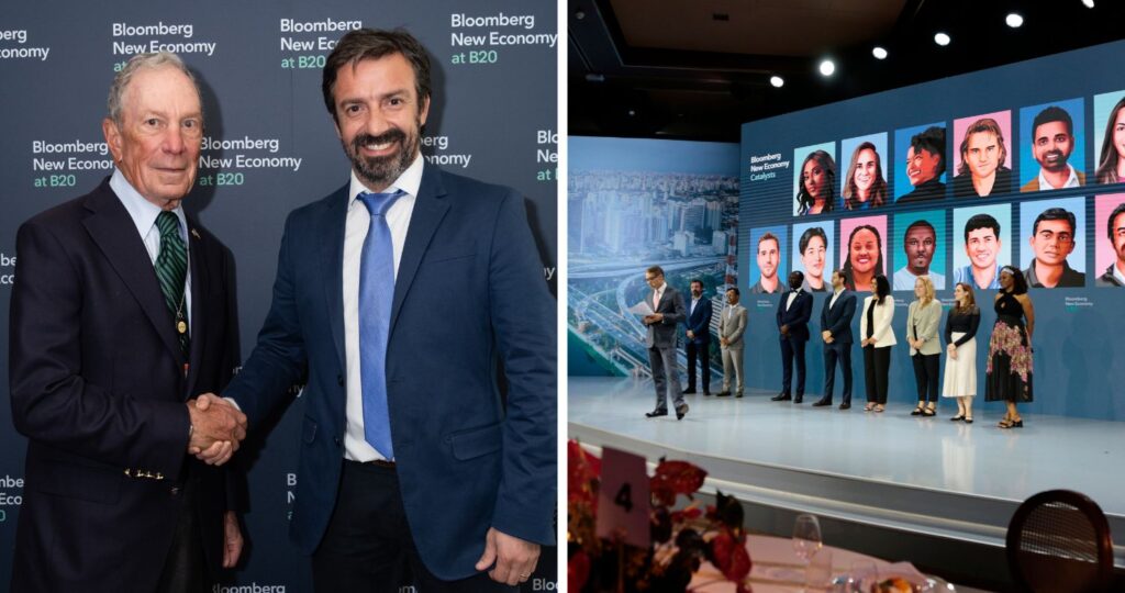 Collage de dos fotografías, una de Gonzalo Vial junto a M Bloomberg, y luego a Gonzalo Vial en un escenario junto a un grupo de personas en la premiación