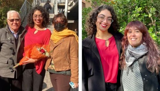 Dos fotografías de María Ignacia: una a la izquierda en grupo con un ramo de flores y otra a la derecha acompañada.