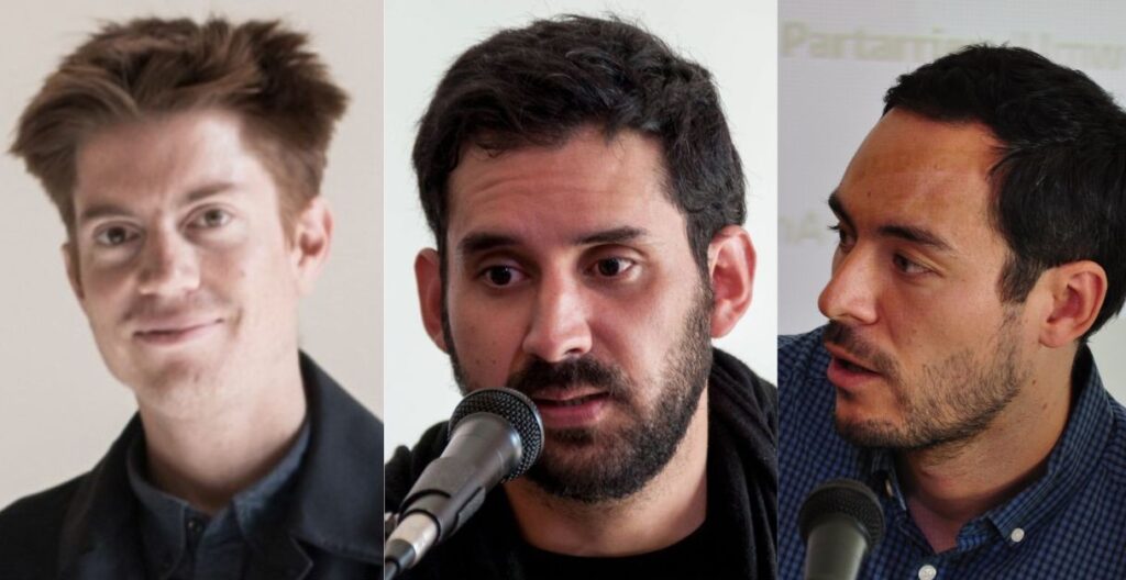 Fotos faciales de los académicos y exalumnos de Arquitectura UC, Felipe De Ferrari, Ignacio García y Arturo Scheidegger