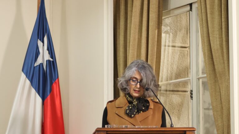 Fotografía de una mujer frente a un podio de madera junto a una bandera de chile, hablando mirando hacia abajo