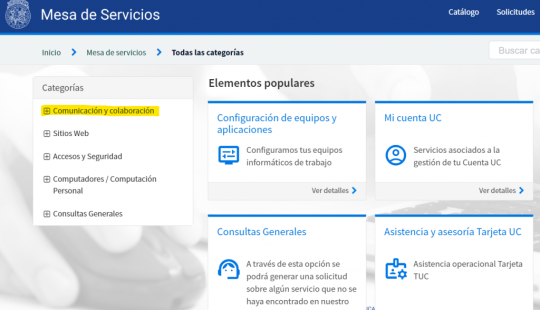 Captura de pantalla de la descripción de la Mesa de Servicios UC