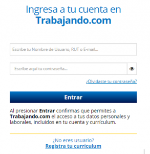 Captura de pantalla que dice Ingresa a tu cuenta en Trabajando.com