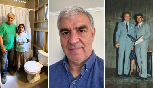 Imagen compuesta con tres fotografías de un hombre: a la izquierda, junto a una mujer en un espacio interior; al centro, un retrato individual; a la derecha, una fotografía antigua junto a otra persona.
