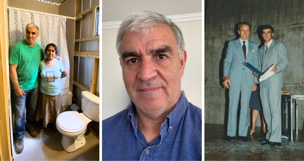 Imagen compuesta con tres fotografías de un hombre: a la izquierda, junto a una mujer en un espacio interior; al centro, un retrato individual; a la derecha, una fotografía antigua junto a otra persona.