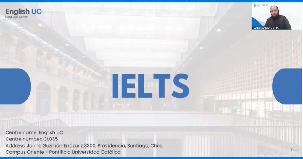 Imagen de una presentación ppt con el nombre IELTS en grande y en una esquina se ve una persona