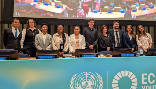 Fotografía de un panel de personas de pie, abajo de ve en letras grandes el logo de la ONU y las iniciales de la sigla ECOSOC