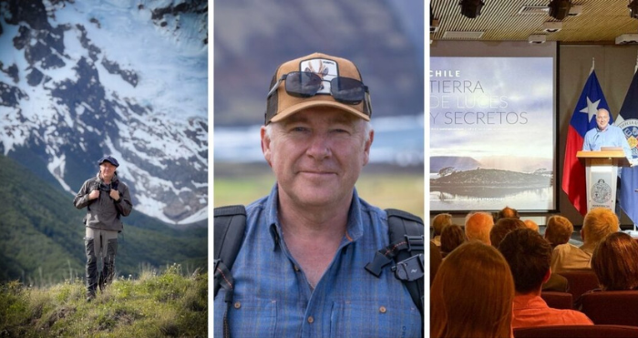 Tres fotografías sobre un Alumni UC ingeníero Forestal. A la izquieda un hombre en un paisaje, al medio una foto retrato de un hombre y a la derecha una ponencia